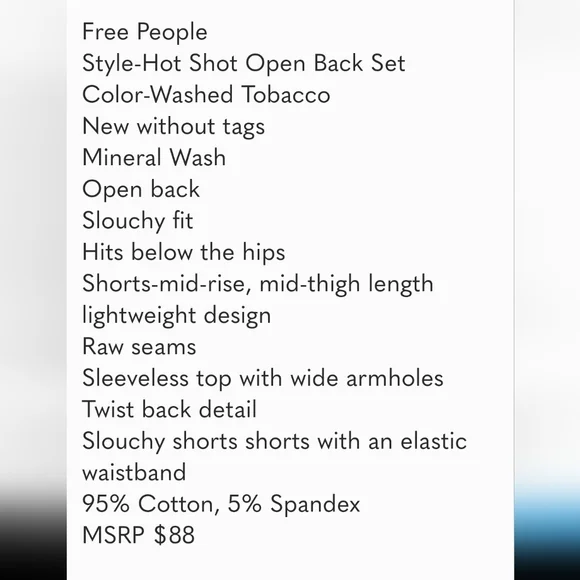 Free People Hot Shot Open Back Shorts Tank Set in Washed Tobacco NEW! - Picture 2 of 9